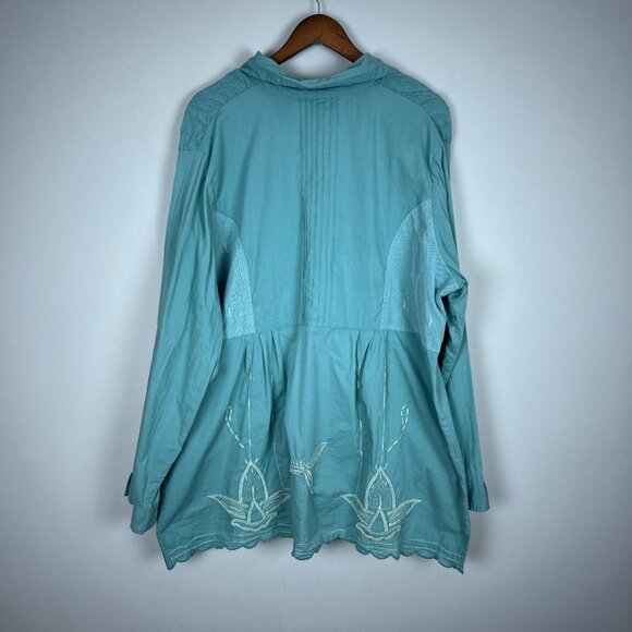 Parsley & Sage Tunic Top Womens 2X Green Blue Mixed Media Embroidered Button Up - Picture 10 of 15